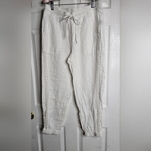 XCVI White Linen Cropped Pants Lace Crochet Inset Drawstring Waist Women Small